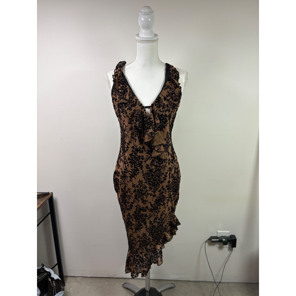 SHEIN Brown Black Floral Flocked Mesh Ruffle V-Neck Midi Bodycon Dress sz M